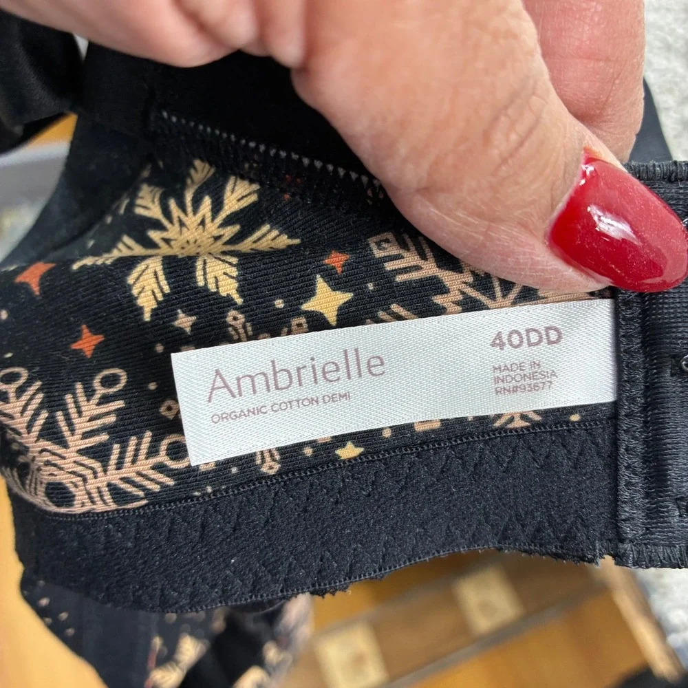 Ambrielle‎ Organic Cotton Demi Bra 40DD Black Gold Snowflake Holiday Racerback